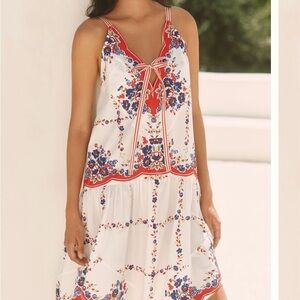 NWT Anthropologie White Dress with Red and Blue Floral Accents